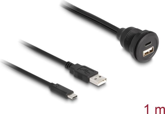 Delock USB 2.0 Kabel USB Typ-A Stecker und USB Type-C™ Stecker zu USB Typ-A Buchse und USB Type-C™ Buchse zum Einbau 1 m schwarz (88102)