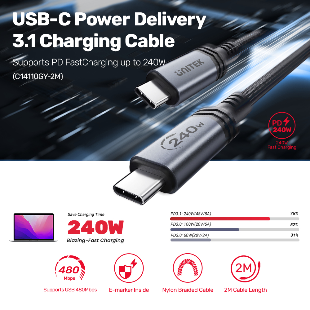 Unitek C14110GY-2M USB-C auf USB-C Kabel 240 W 2 m Schwarz