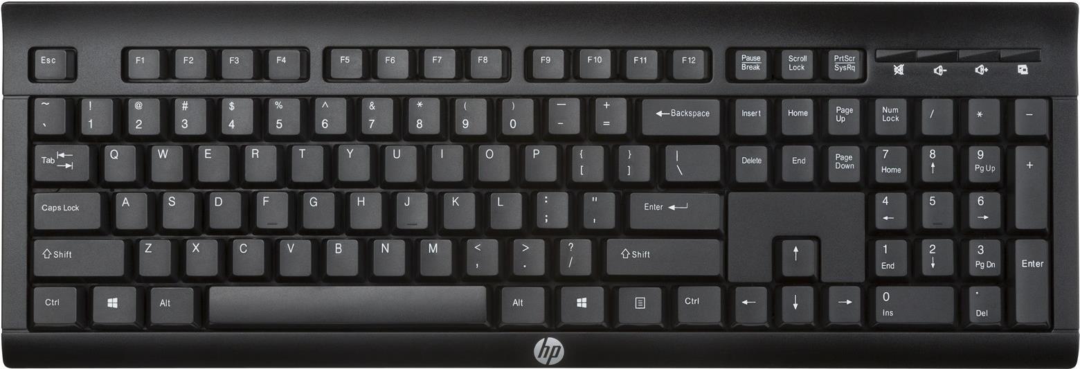 HP K2500. Tastatur Formfaktor: Standard, Tastatur-Stil: Gerade, Übertragungstechnik: Kabellos, Geräteschnittstelle: RF Wireless, Tastaturaufbau: QWERTY, Handgelenkauflage, Empfohlene Benutzung: Universal. Produktfarbe: Schwarz (E5E78AA#ABB)