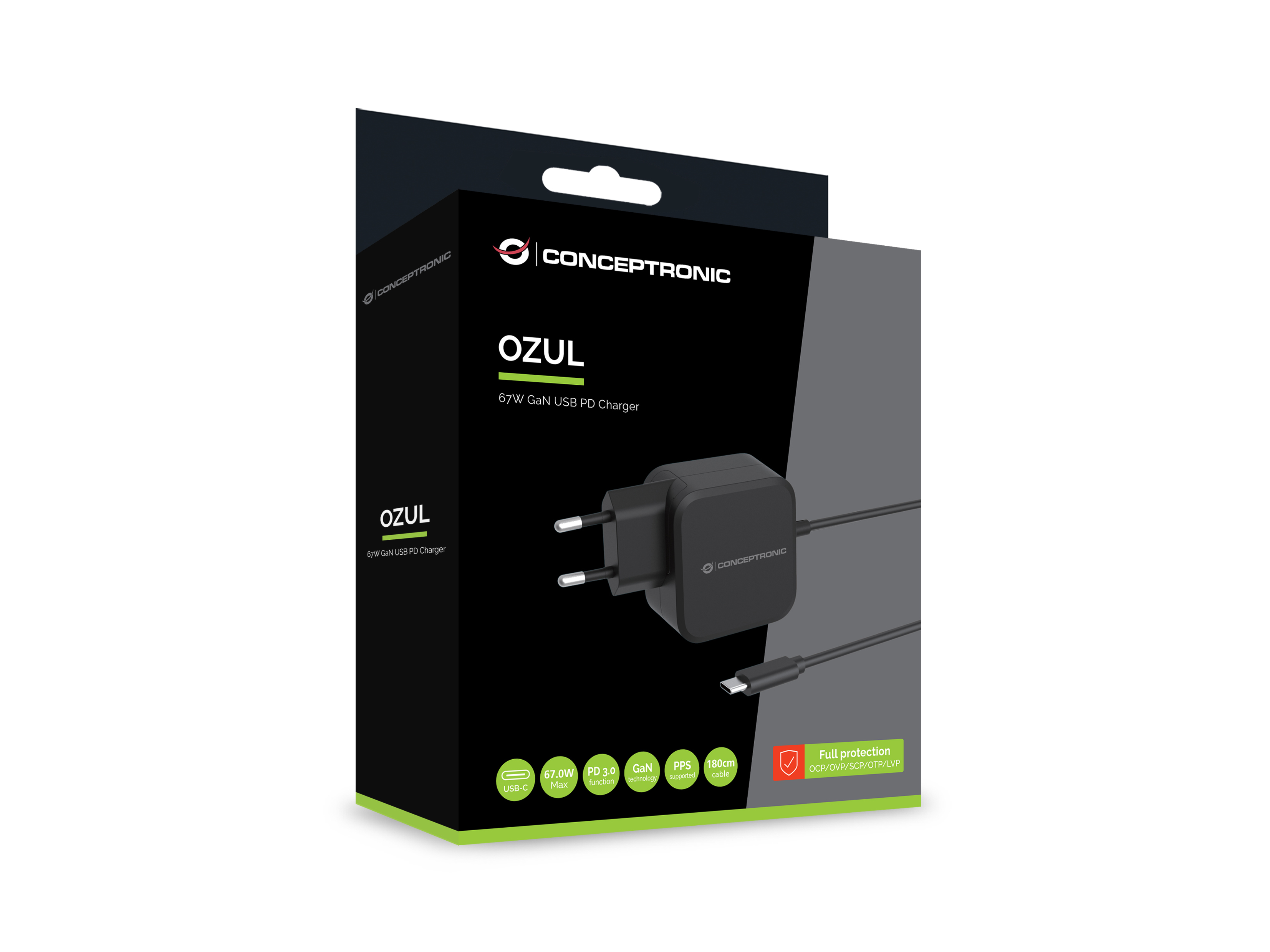 Conceptronic OZUL04BE 67W GaN USB-PD-Ladegerät 1,8 m Schwarz