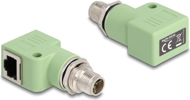 Delock M12 Adapter X-kodiert 8 Pin Stecker zu RJ45 Buchse Cat.5e mit Befestigungsloch 90° gewinkelt grün (60683)