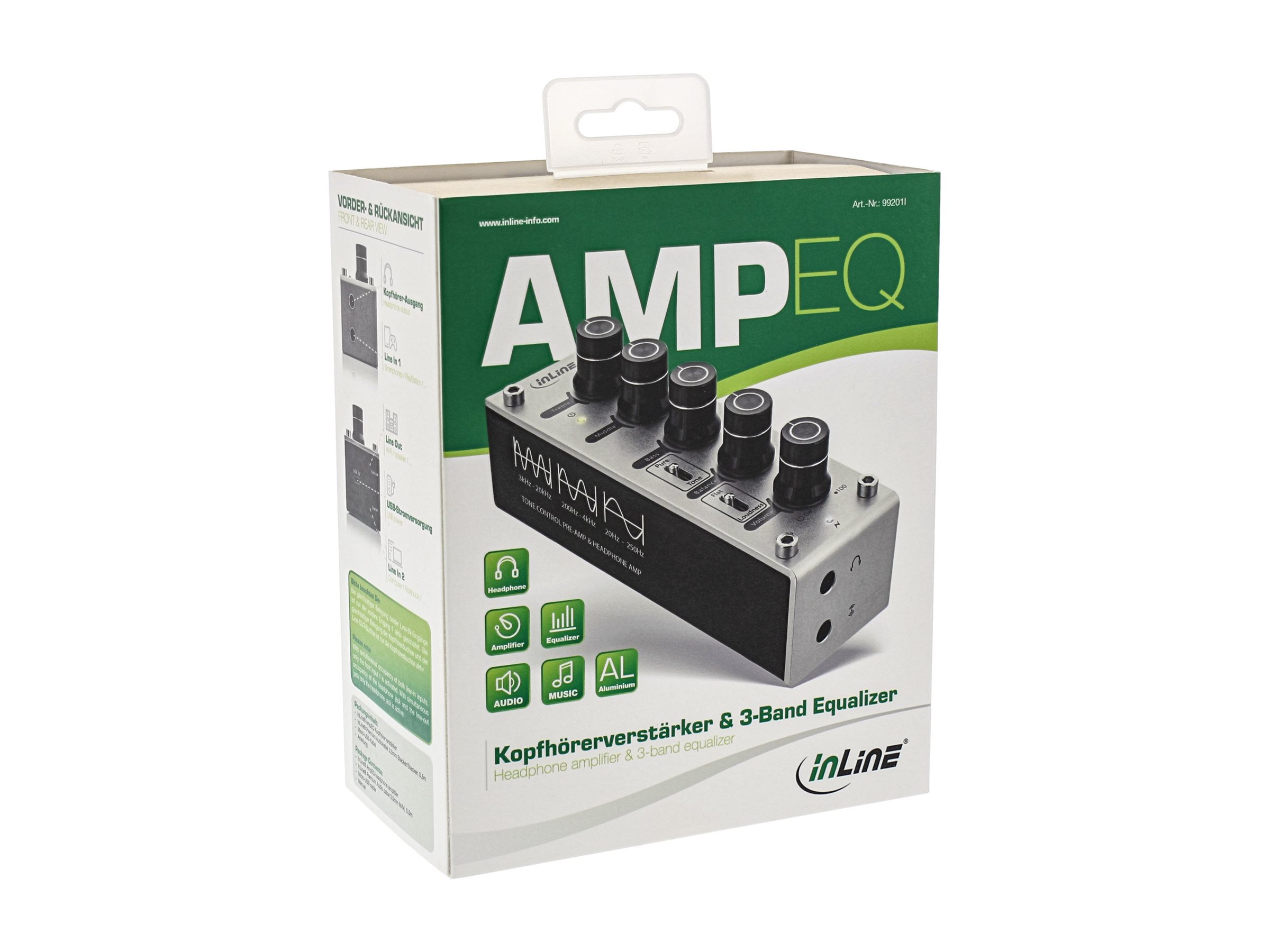 InLine AmpEQ Kopfhörer-Verstärker und Equalizer, 3-Band EQ, 3,5mm Klinke, USB powered, Silber