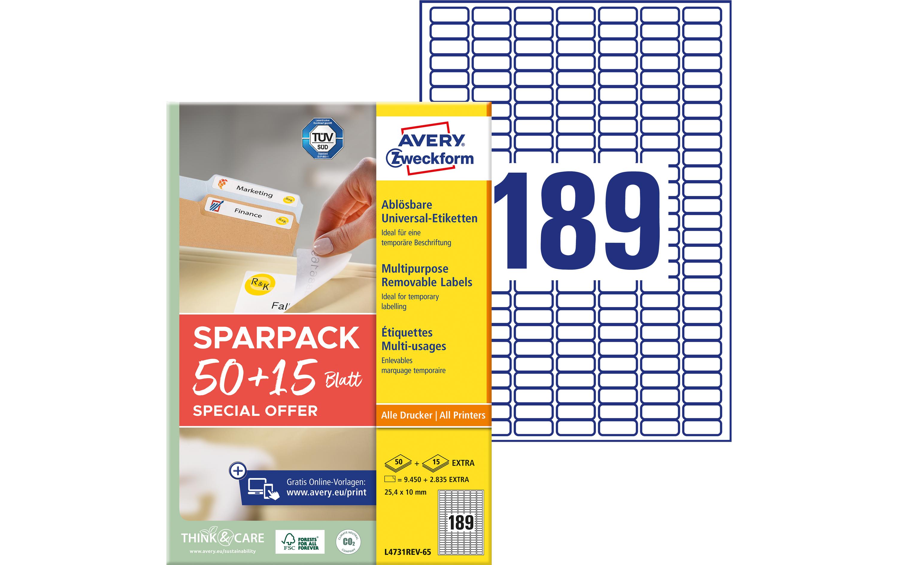 Avery Zweckform Universal-Etiketten L4731REV-65 25,4 x 10 mm 65 Blatt Wiederablösbar Weiß