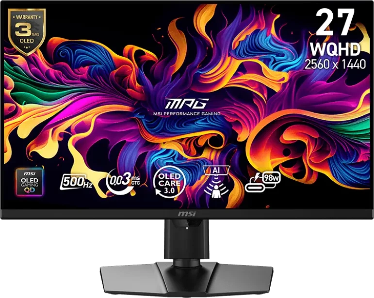 MSI MPG 271QRDE QD-OLED X50, Gaming-Monitor 67.3 cm (26.5 Zoll), schwarz, WQHD, HDMI, DP, USB-C, 500Hz Panel (9S6-3CF49T-002) (geöffnet)