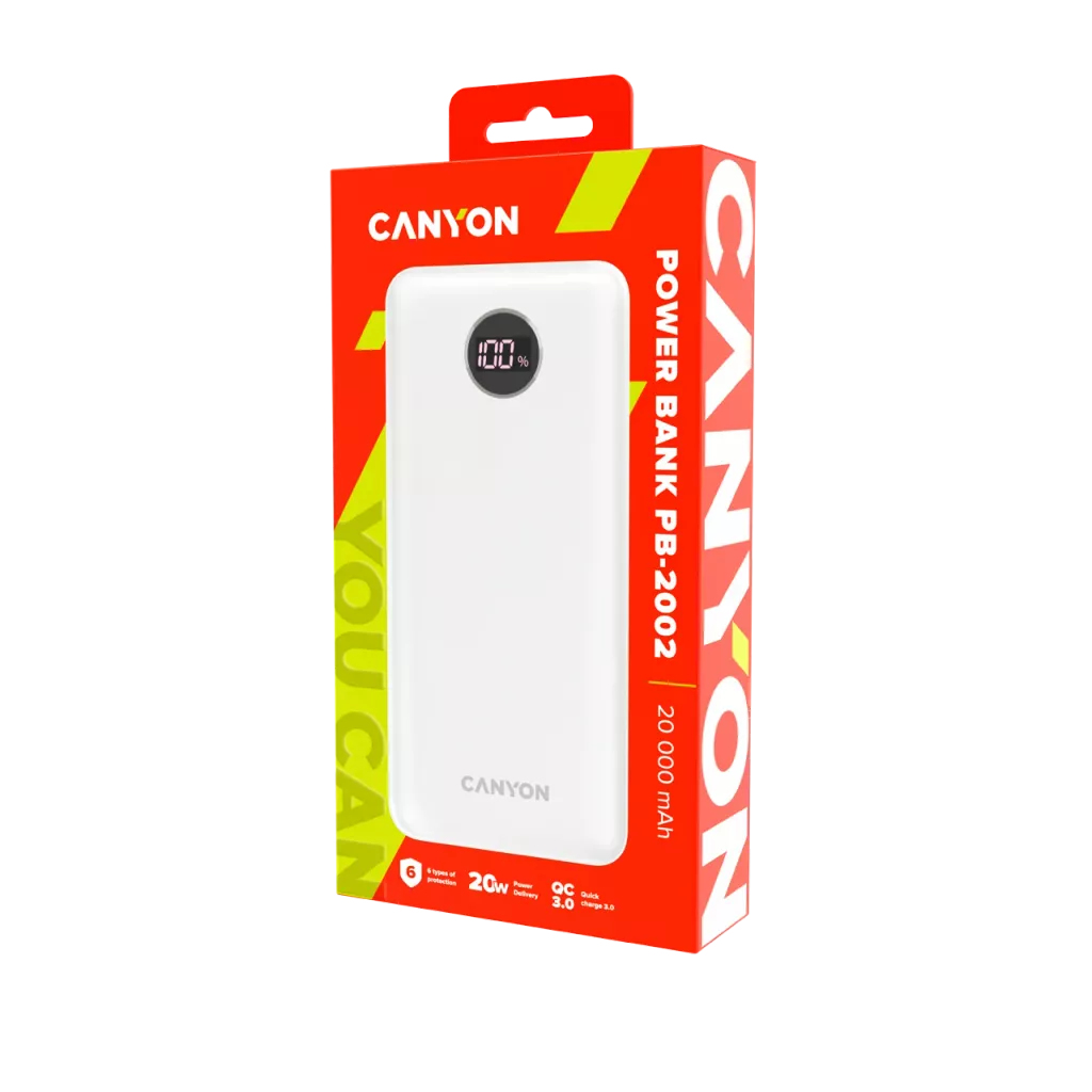 Canyon PB-2002 Powerbank 20000 mAh 22.5 W PD QC 3.0 LED-Display Weiß