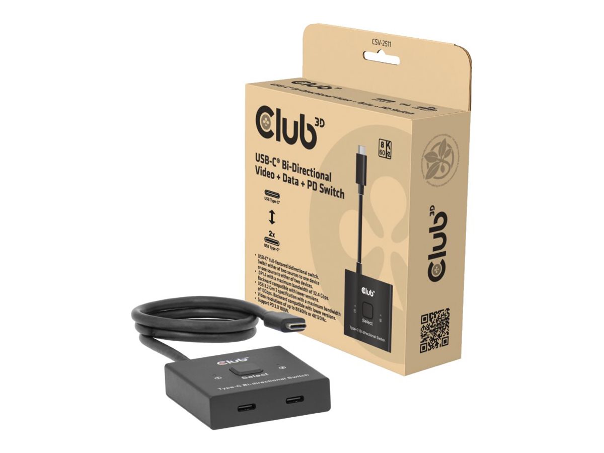 Club 3D CSV-2511 USB-C Bidirektionaler Video + Daten + PD Switch 8K 60 Hz Schwarz