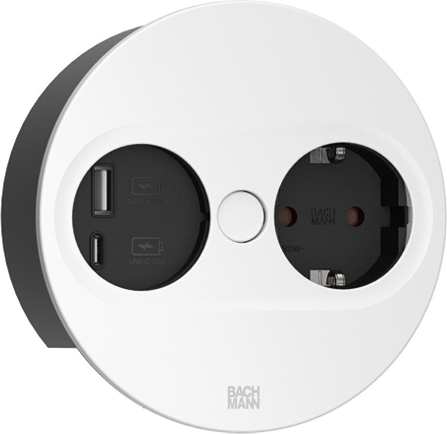 BACHMANN TWIST2 1xCEE7/3 1xUSB A/C 22W Rund weiss 0,2m Mit ISV-Stecker (BM0010998)