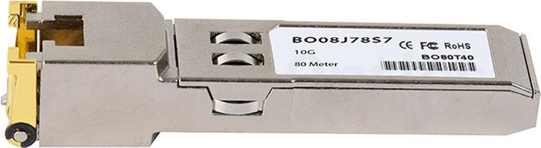 BlueOptics SFP-10G-RJ45-80M-EN-BO. SFP Transceiver-Typ: Kupfer, Maximale Datenübertragungsrate: 10000 Mbit/s, Schnittstelle: SFP+. Gewicht: 20 g. Anzahl enthaltener Produkte: 1 Stück(e), Paketgewicht: 30 g (SFP-10G-RJ45-80M-EN-BO)