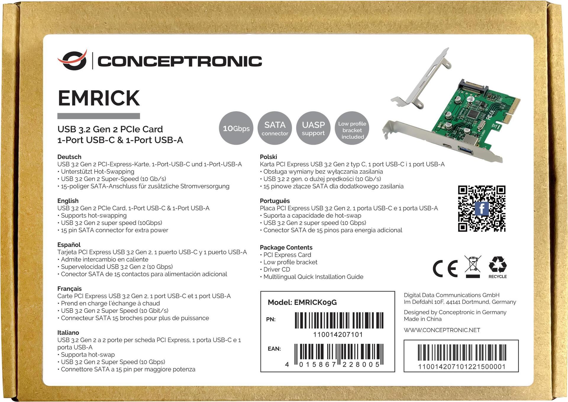Conceptronic EMRICK USB 3.2 Gen 2 PCI-Express-Karte - 1-Port-USB-C und 1-Port-USB-A (EMRICK09G)