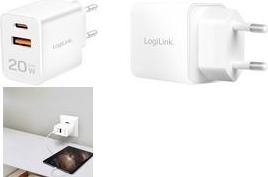 LogiLink USB-Steckdosenadapter, 1x USB-A, 1x USB-C, 20 Watt ausgestattet mit der GaN-Technologie, Anschluss: 1x USB-A & - 1 Stück (PA0369)