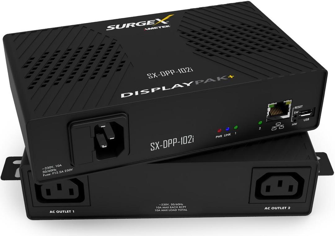 SurgeX DisplayPak+ IP Controlled 240V, 2x IEC C13, Slim Smart PDU with Multi-Stage Power Protection (SX-DPP-102I)