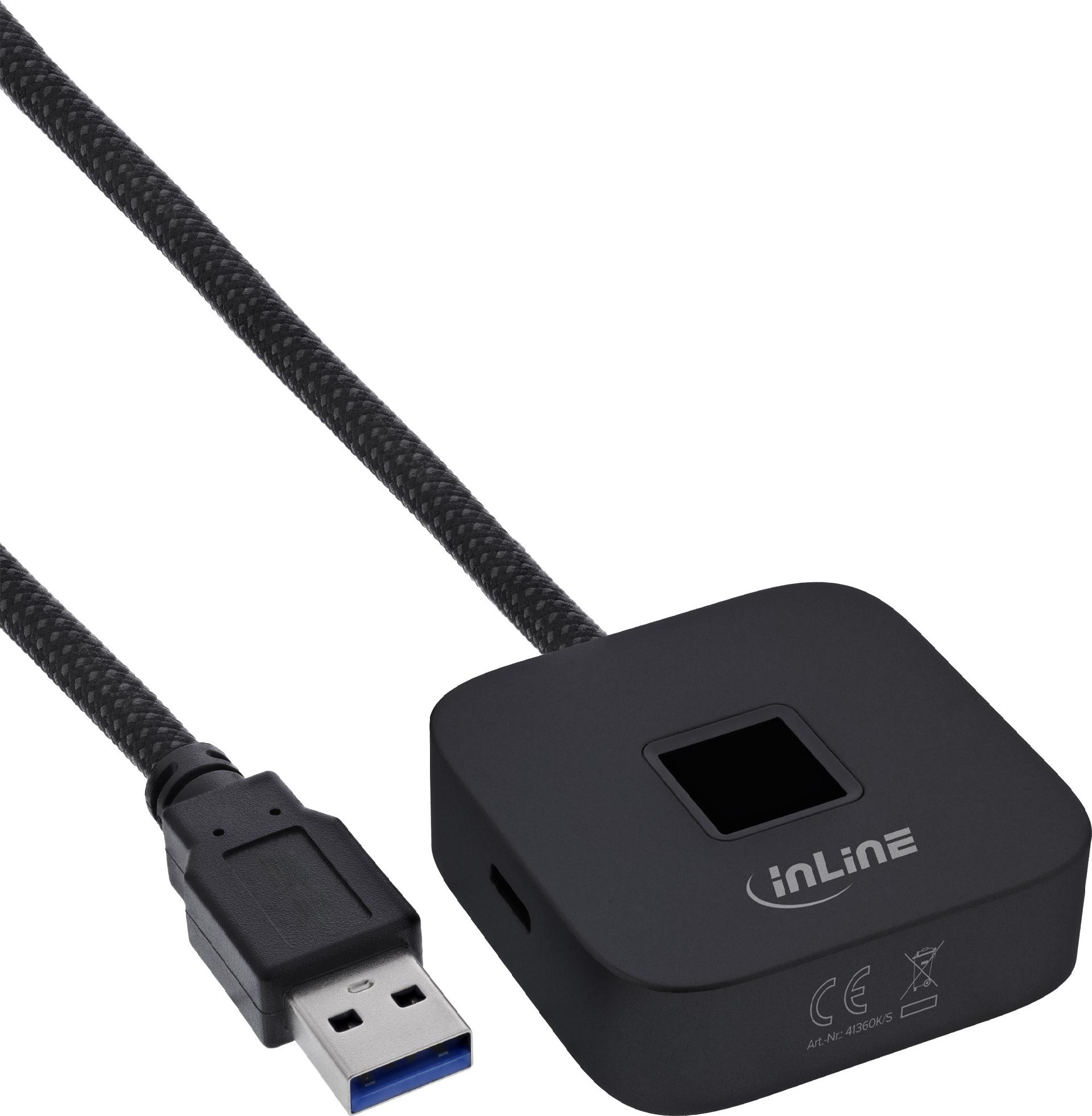 InLine® USB Fingerabdruckscanner mit Hub, Windows Hello kompatibel 1,5m schwarz (41360S)