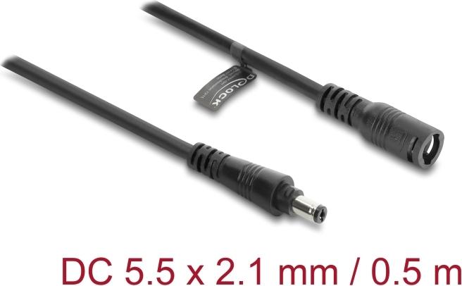 Delock DC Verlängerungskabel 5,5 x 2,1 mm Stecker zu Buchse mit Bajonettverschluss 18 AWG, 0,5 m schwarz (67388)