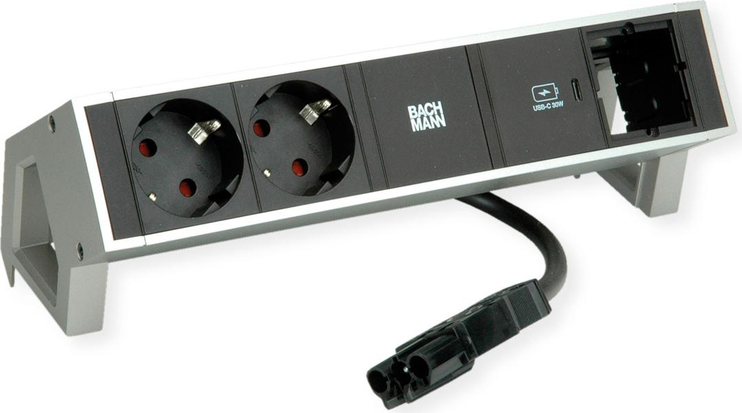 Bachmann DESK2 Steckdosenleiste INOX mit erhöhtem Berührungsschutz 2xSchutzkontaktsteckdosen schwarz 1xUSB C 30W Charger 1xCustom Modul leer Zuleitung 0,2m H05VV-F3G1,5mm² schwarz mit GST18i3 Stecker inkl. Haltewinkel Logo verpackt im Karton (902.905)