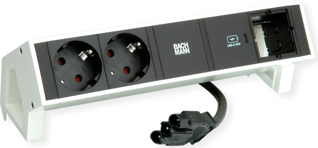 Bachmann DESK2 Steckdosenleiste Farbe weiss, ähnlich RAL9010 mit erhöhtem Berührungsschutz 2xSchutzkontaktsteckdosen schwarz 1xUSB C 30W Charger 1xCustom Modul leer Zuleitung 0,2m H05VV-F3G1,5mm² schwarz mit GST18i3 Stecker inkl. Haltewinkel Logo verpackt (902.936)