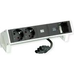 Bachmann DESK2 Steckdosenleiste Farbe weiss, ähnlich RAL9010 mit erhöhtem Berührungsschutz 2xSchutzkontaktsteckdosen schwarz 1xUSB C 30W Charger 1xCustom Modul leer Zuleitung 0,2m H05VV-F3G1,5mm² schwarz mit GST18i3 Stecker inkl. Haltewinkel Logo verpackt (902.936)