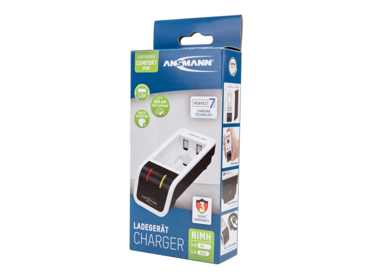 Ansmann Comfort Mini USB-Batterieladegerät inkl. 2 AA Akkus 2100 mAh Schwarz, Weiß