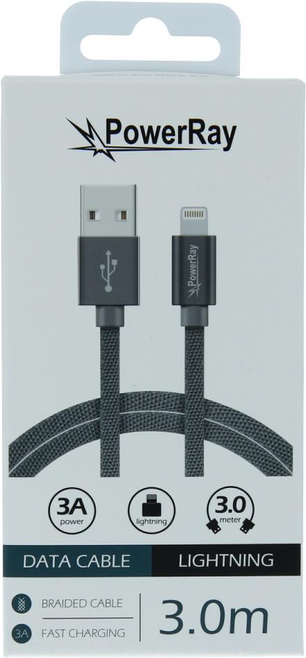 PowerRay Data Cable PR-DCUL300TGY, USB / LIGHTNING, 3.0 m, Textile grey, Blister (PR-DCUL300TGY)