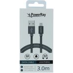 PowerRay Data Cable PR-DCUL300TGY, USB / LIGHTNING, 3.0 m, Textile grey, Blister (PR-DCUL300TGY)