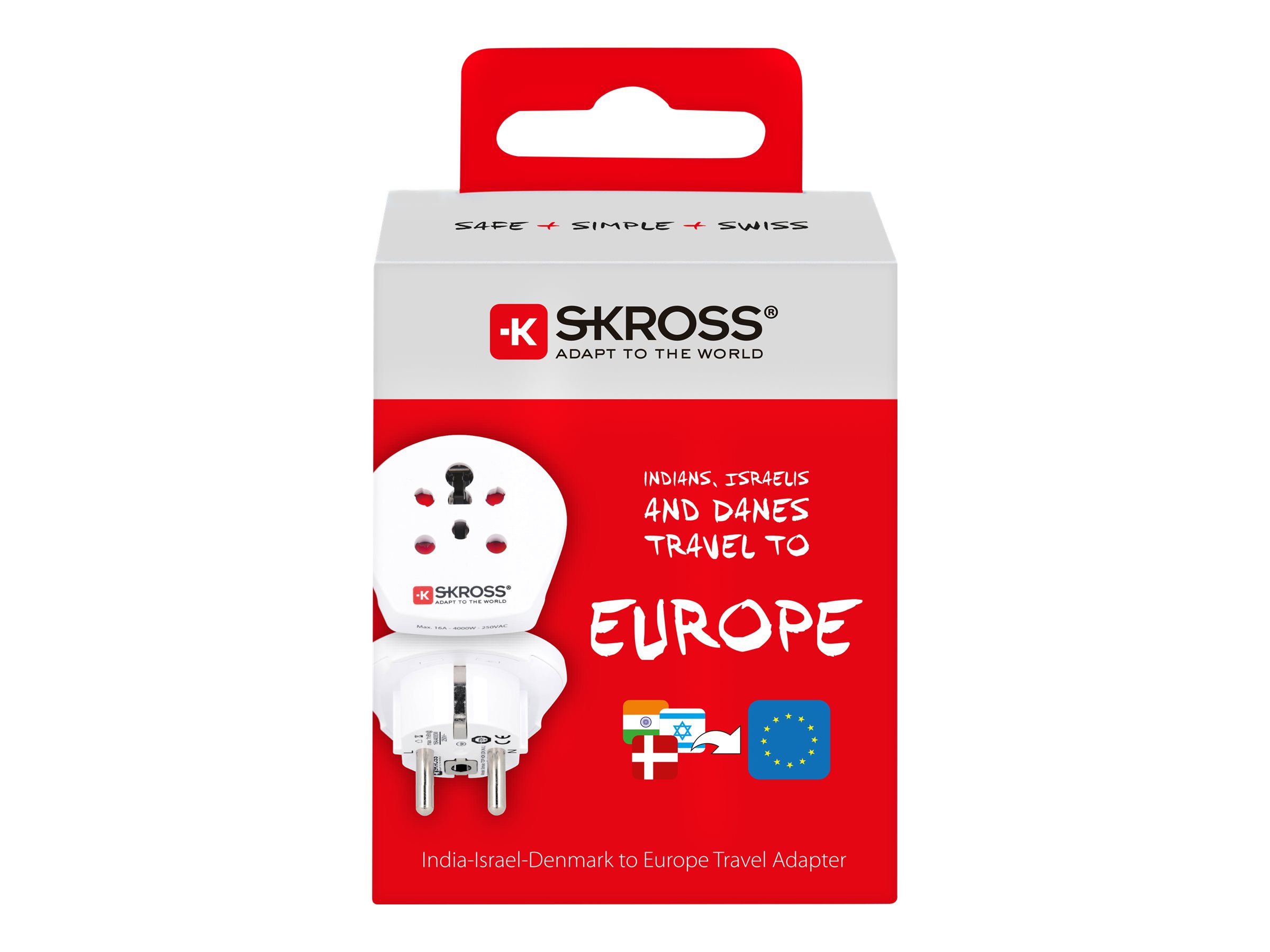 SKROSS Country Travel Adapter India-Israel-Denmark to Europe Reiseadapter Weiß