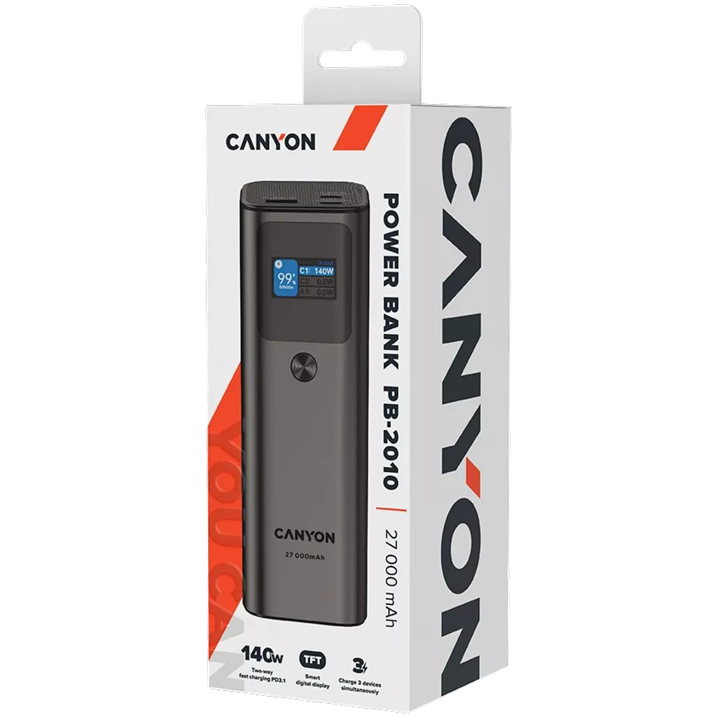 Canyon PB-2010 Powerbank 27000 mAh 97,2 Wh 140 W Power Delivery 3.1 Quick Charge 3.0 TFT-Display Dunkles Grau