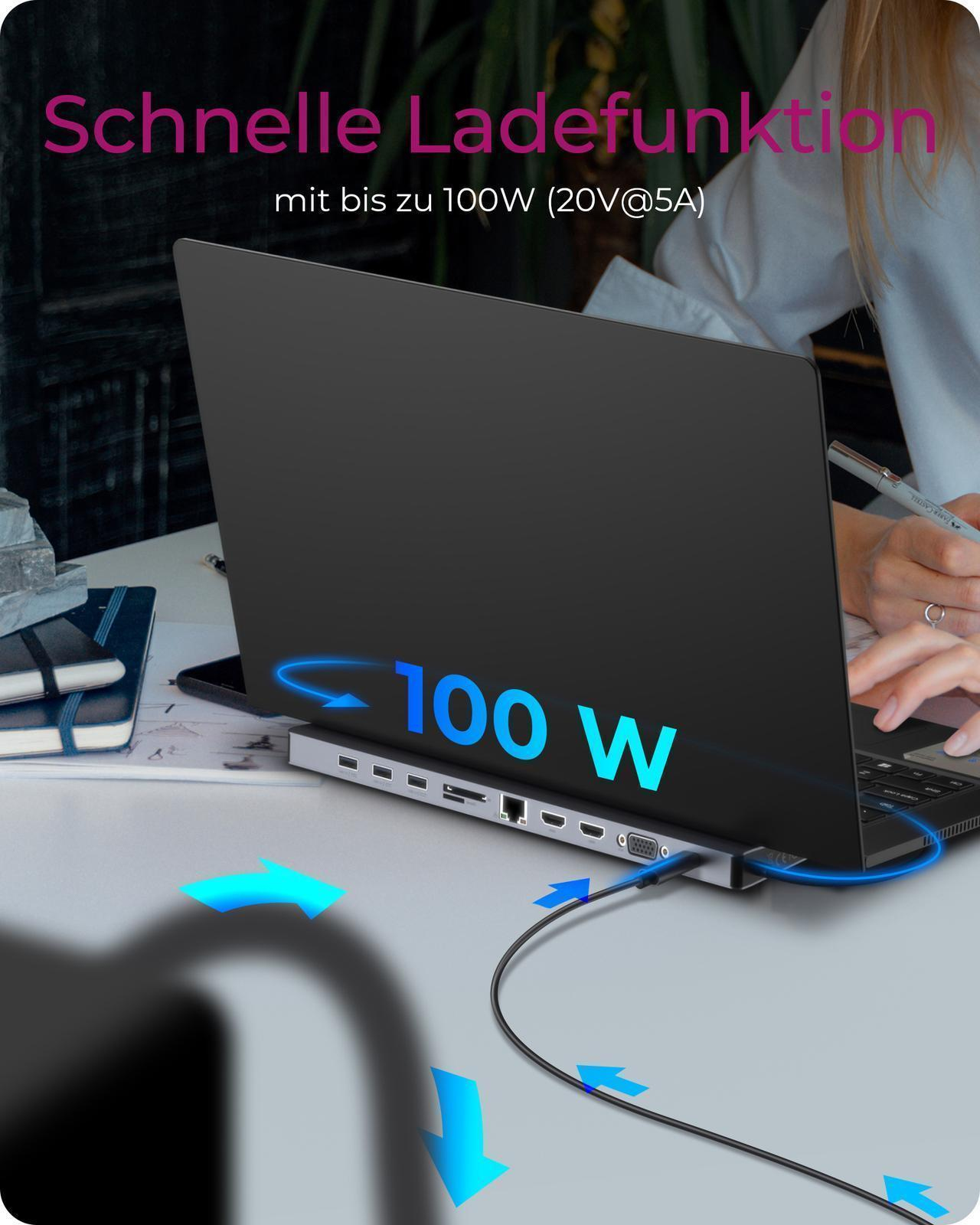 ICY BOX IB-DK2106a-CPD Dockingstation USB-C 11-in-1 mit Power Delivery Anthrazit, Schwarz