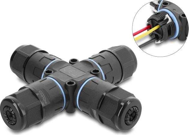 Delock Kabelverbinder X-Form mit Klemmverbindung 3 Pin, IP68 wasserdicht für Kabeldurchmesser 5 (87247)