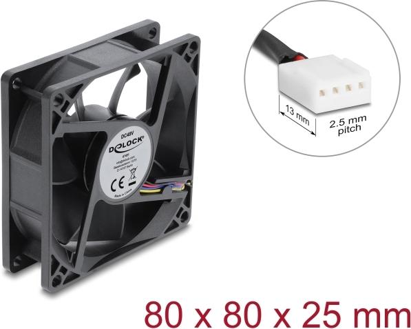 Delock Axiallüfter 48 V DC, 80 x 80 x 25 mm mit 4 Pin PWM Lüfteranschluss schwarz (67451)
