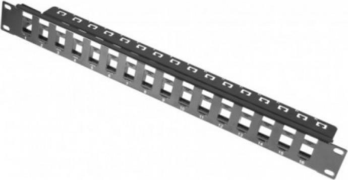 Modulträger für 16 Keystone-Anschlussbuchsen, 48,30cm (19"), schwarz RAL 9005 Zum Aufbau eines Patchfeldes mit bis zu 16 Ports (258151)