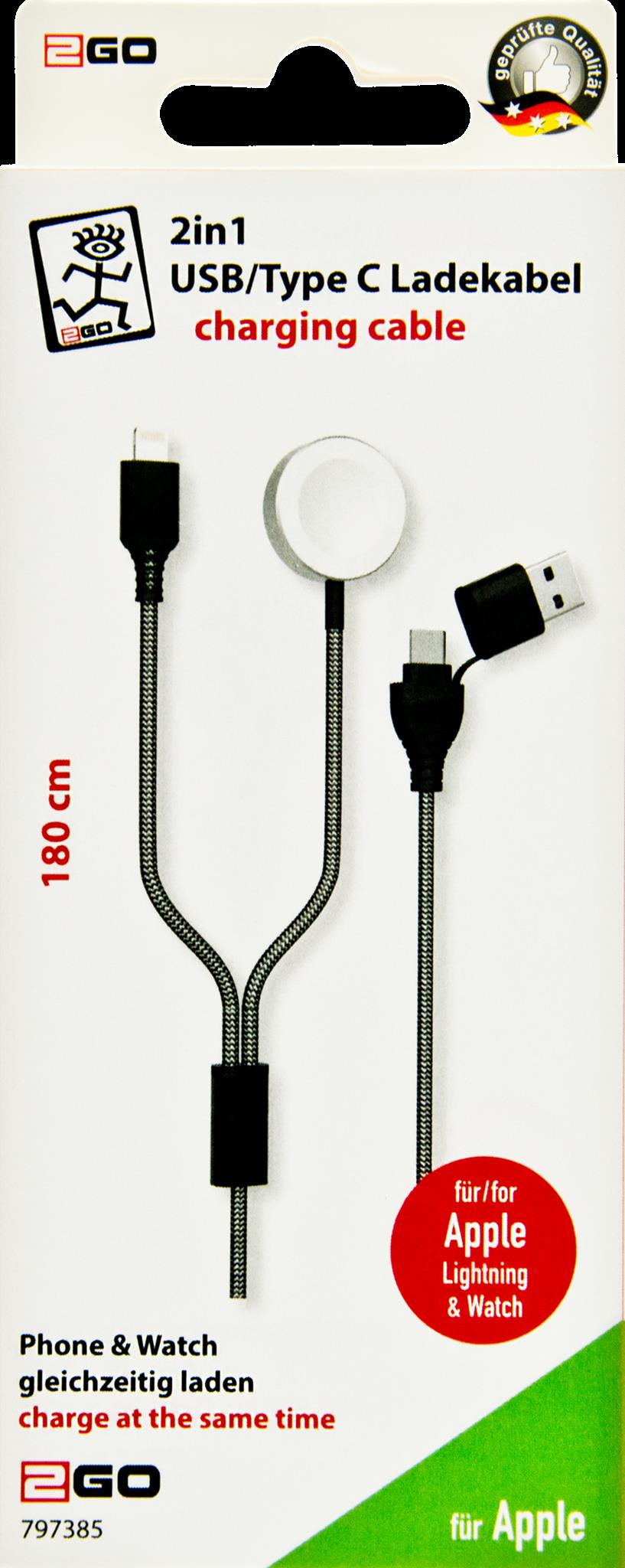 2GO 797385 USB Kabel 1,8 m USB A/USB C MagSafe 1 Grau 797385