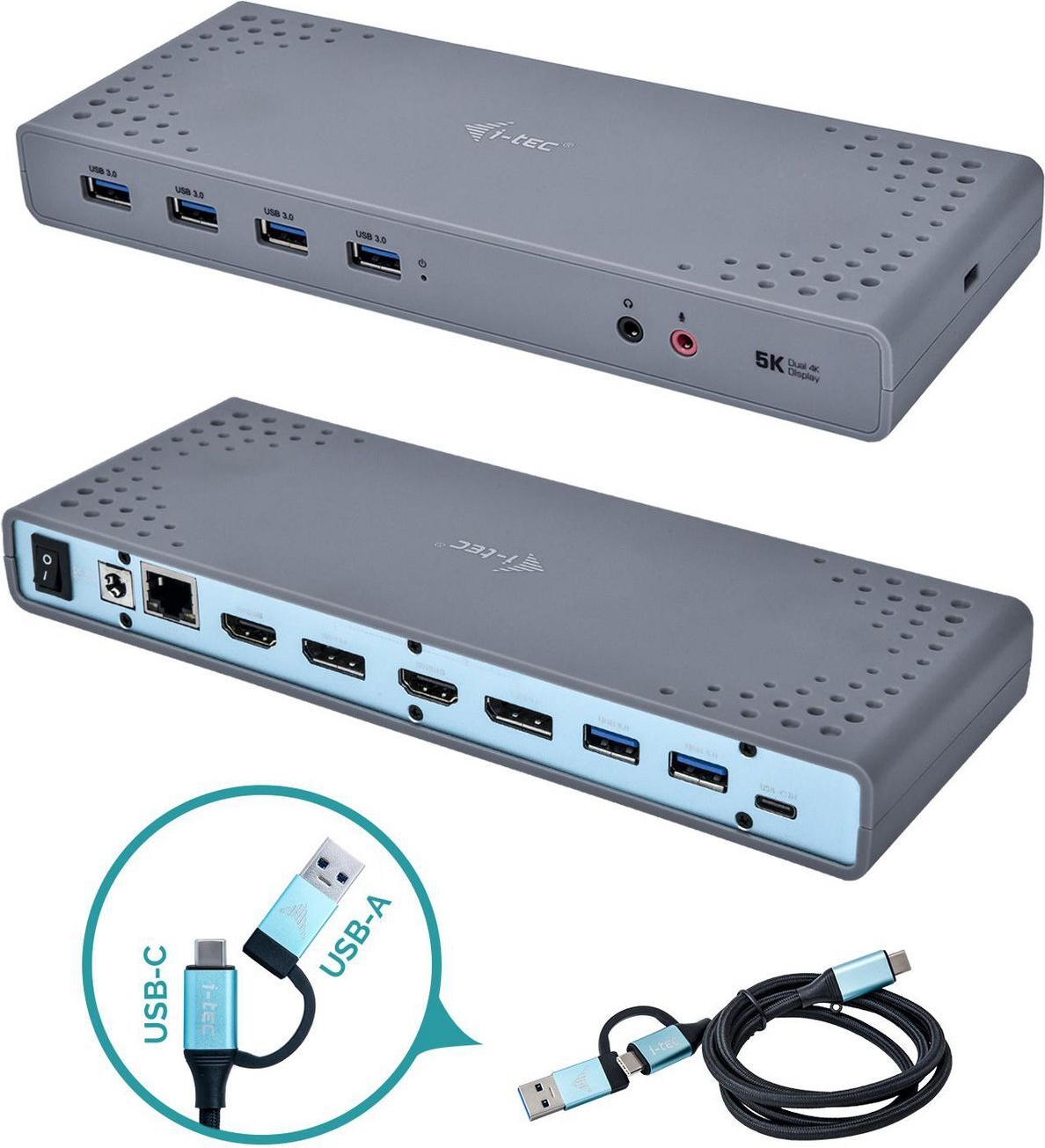i-tec CADUAL4KDOCK USB-C/A 4K Dual Video Docking Station Schwarz, Türkis