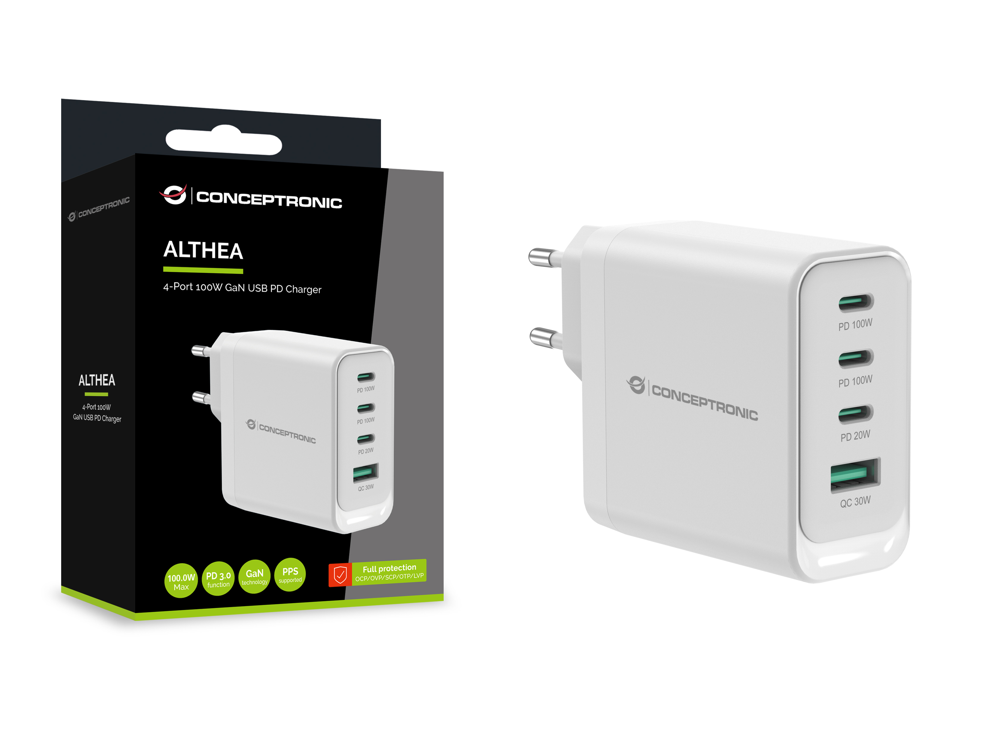 Conceptronic ALTHEA22W100 4-Port 100W GaN USB-PD Ladegerät 3x USB-C 1x USB-A Weiß