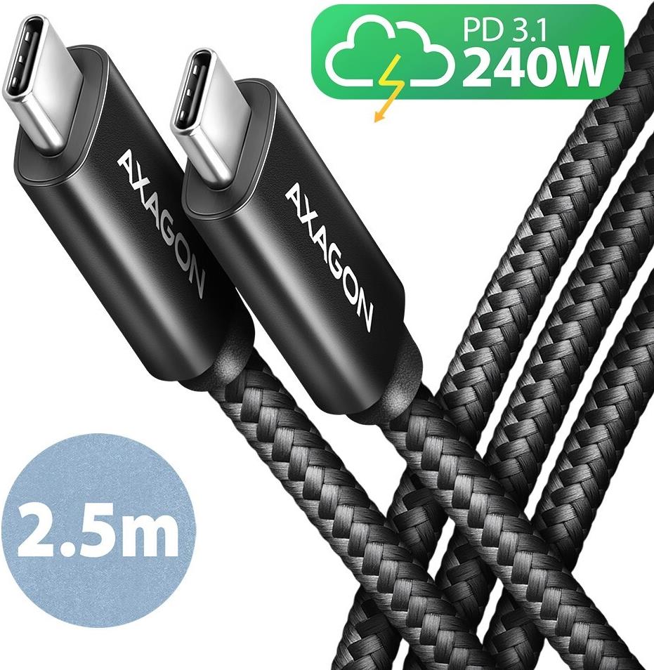 AXAGON BUCM2-CM25AB Ladekabel USB-C zu USB-C 2.0, 2,5 m, PD 240 W 5 A, ALU - Schwarz (BUCM2-CM25AB)