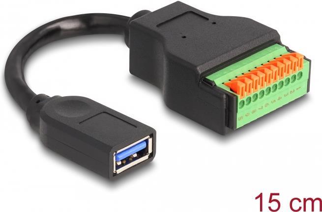 Delock USB 3.2 Gen 1 Kabel Typ-A Buchse zu Terminalblock Adapter mit Drucktaster 15 cm (66241)