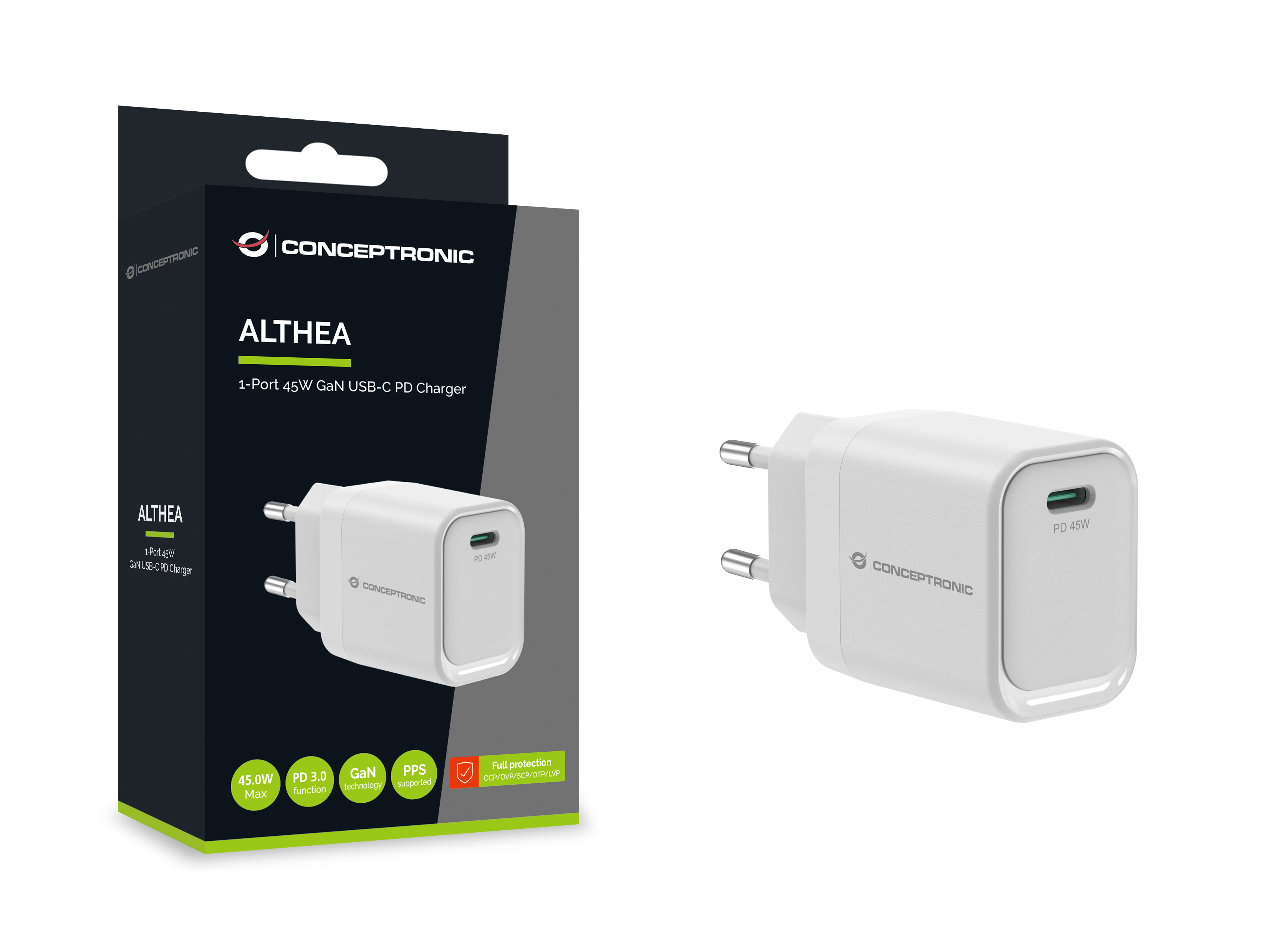 Conceptronic ALTHEA19W45 GaN USB-C Ladegerät 45W PD 3.0 PPS Weiß