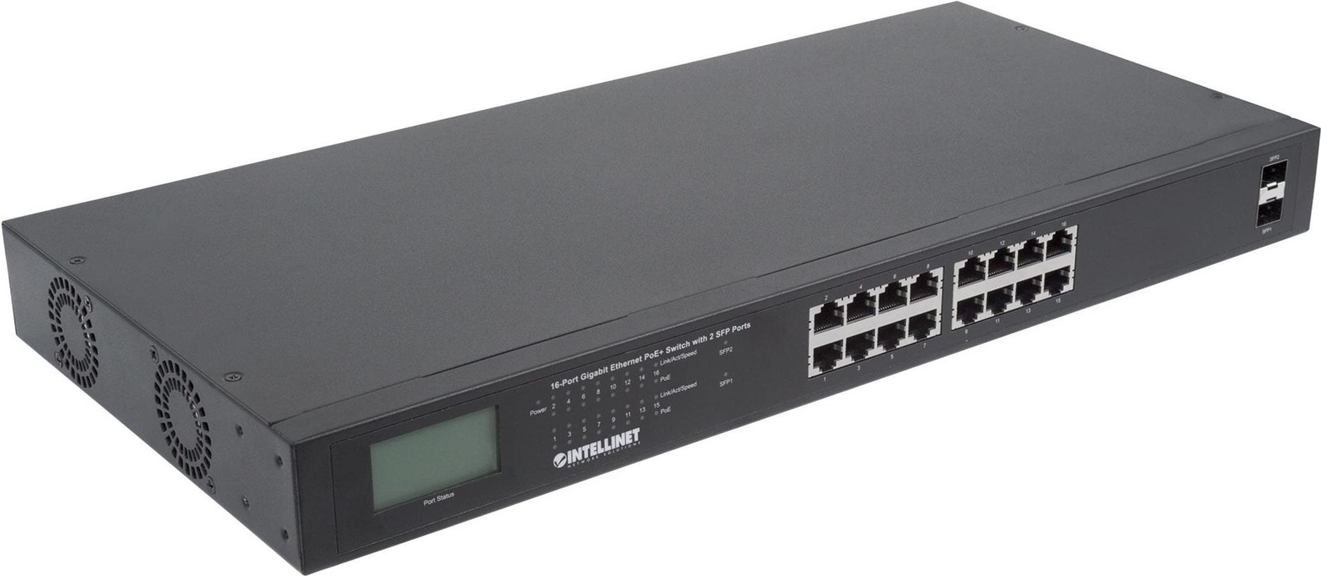 Intellinet 16-Port Gigabit Ethernet PoE+ Switch mit 2 SFP Ports LCD Display Schwarz