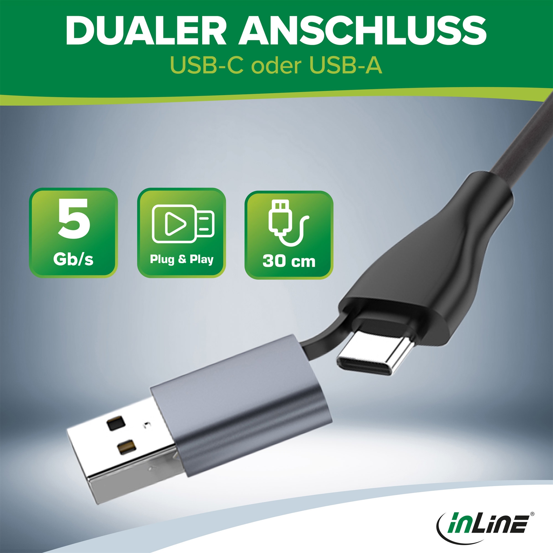 InLine USB 3.2 Multi Cardreader Hub, SD/TF/MS/XD/CF, 3-Port USB-A, Schwarz/Grau