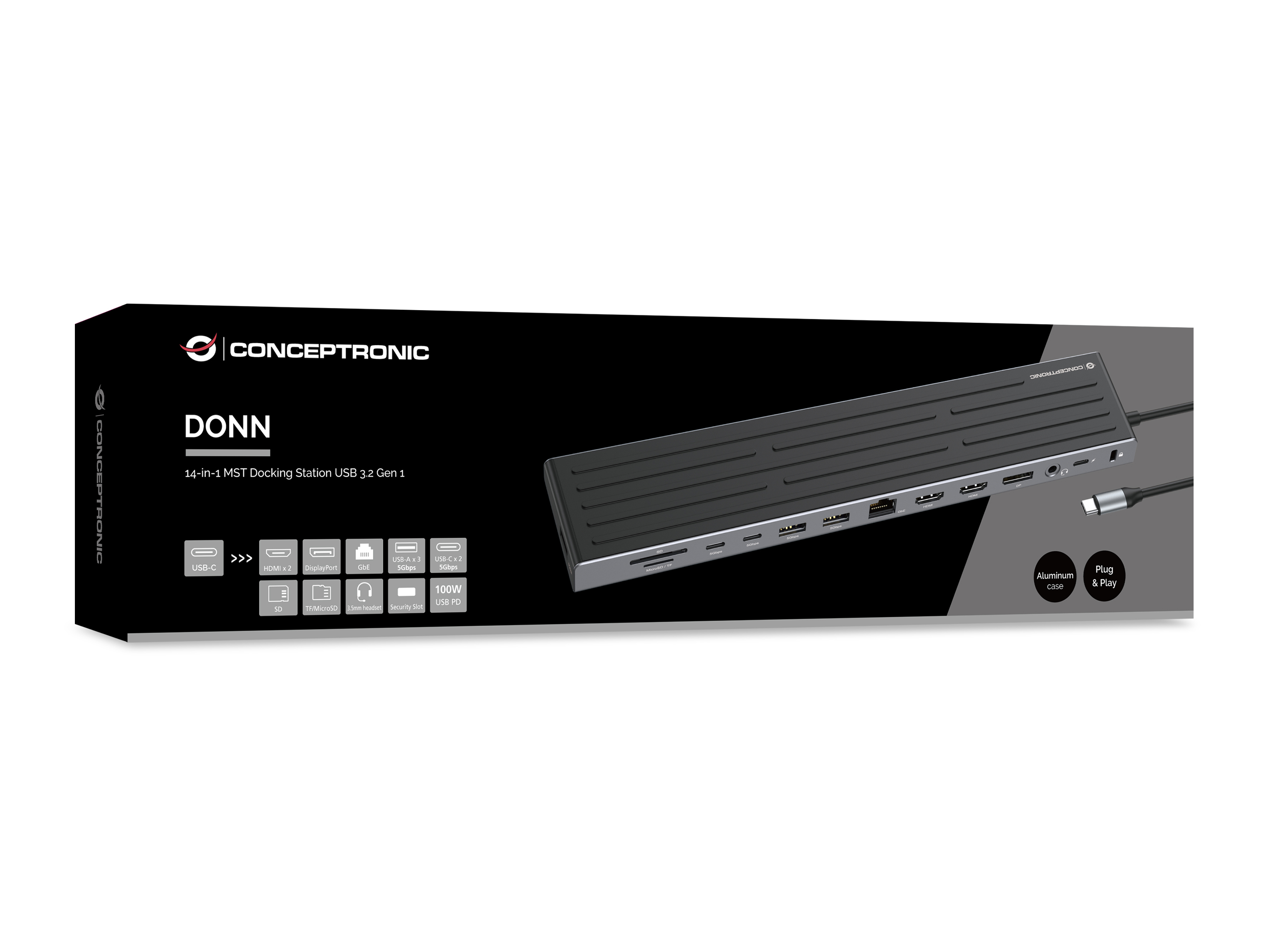 Conceptronic DONN32B 14-in-1 Dockingstation USB-C 2x HDMI DisplayPort 100W PD Grau, Silber