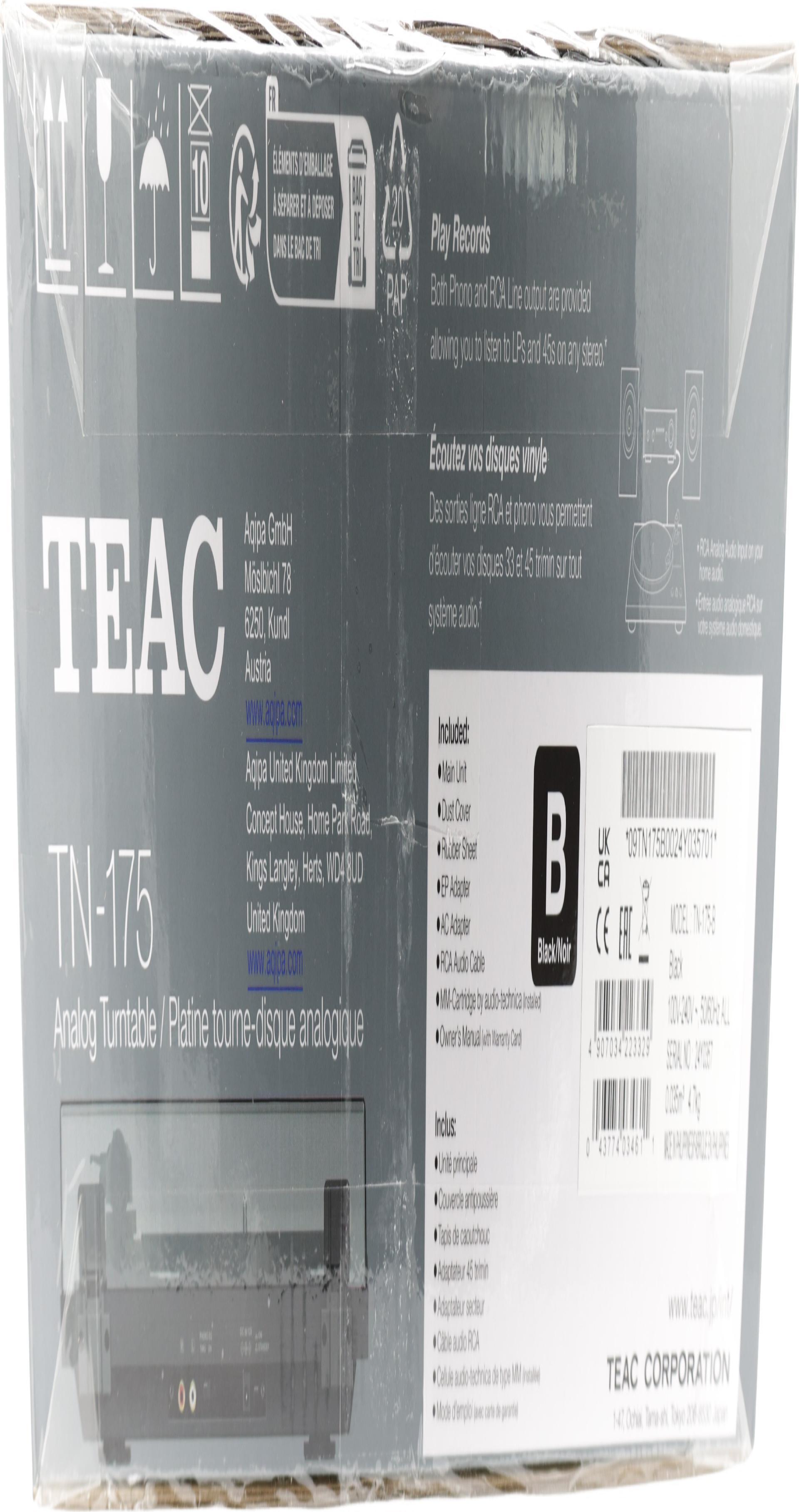 Teac TN-175-B Vollautomatik-Plattenspieler Riemenantrieb 33/45 U/min Phono-Vorverstärker Audio Technica AT3600L Schwarz