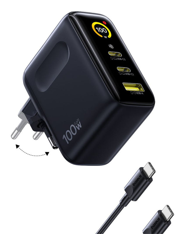 Baseus PicoGo AE21 100W GaN Ladegerät 2 USB-C 1 USB-A Display klappbar Schwarz (E0121B00)