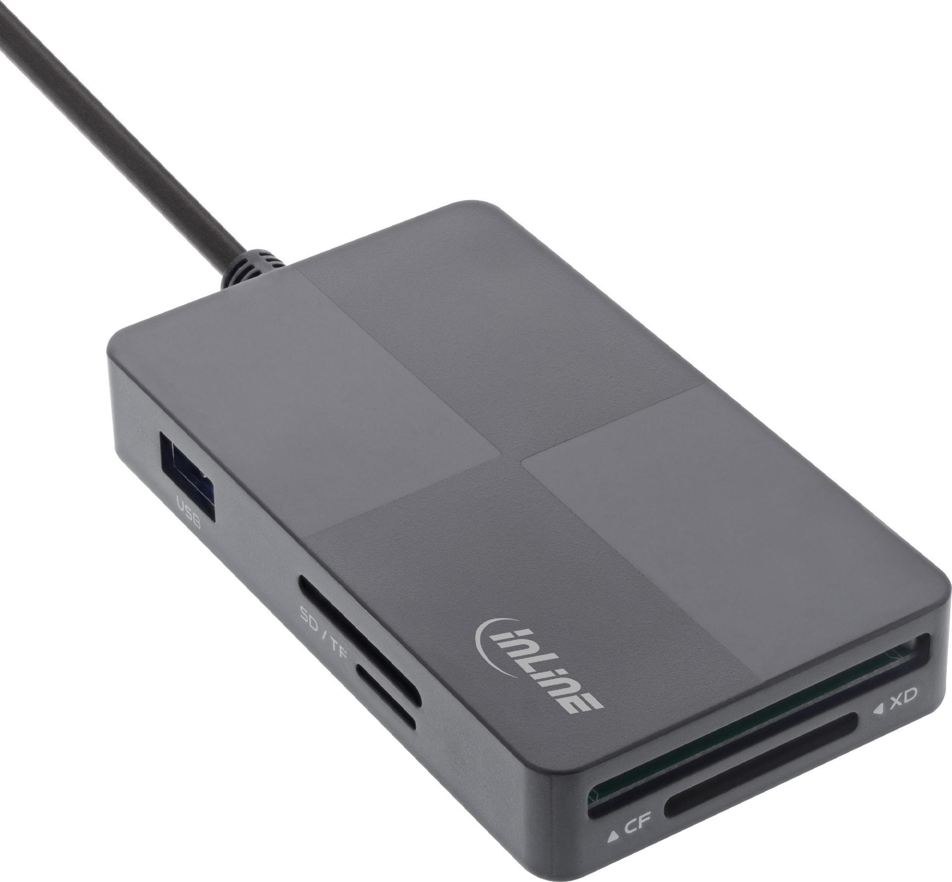 InLine USB 3.2 Multi Cardreader Hub, SD/TF/MS/XD/CF, 3-Port USB-A, Schwarz/Grau