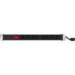 19" PDU 12 x IEC13 Buchse im Alugehäuse 1HE, 3 x 1,5mm Kabel 2,5m, RAL 9005 schwarz kosteneffiziente PDU im Aluminium Gehäuse mit Schalter (808903)