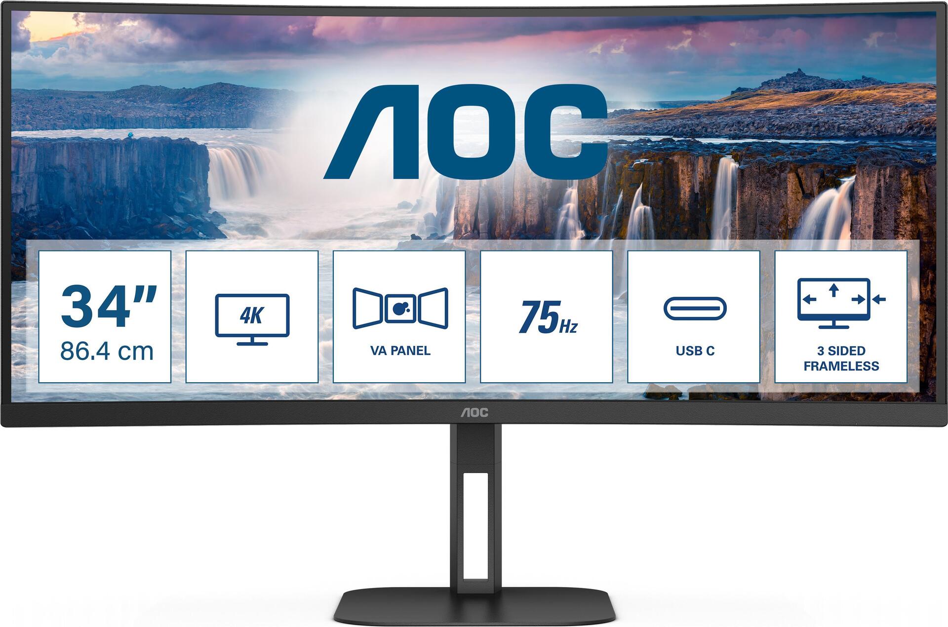 AOC CU34V5C - 86,40cm (34")  WQHD Curved Monitor, Lautsprecher, höhenverstellbar (3440x1440, 100 Hz, HDMI, DisplayPort, USB-C, USB Hub) schwarz [Energieklasse G] (CU34V5C/BK)