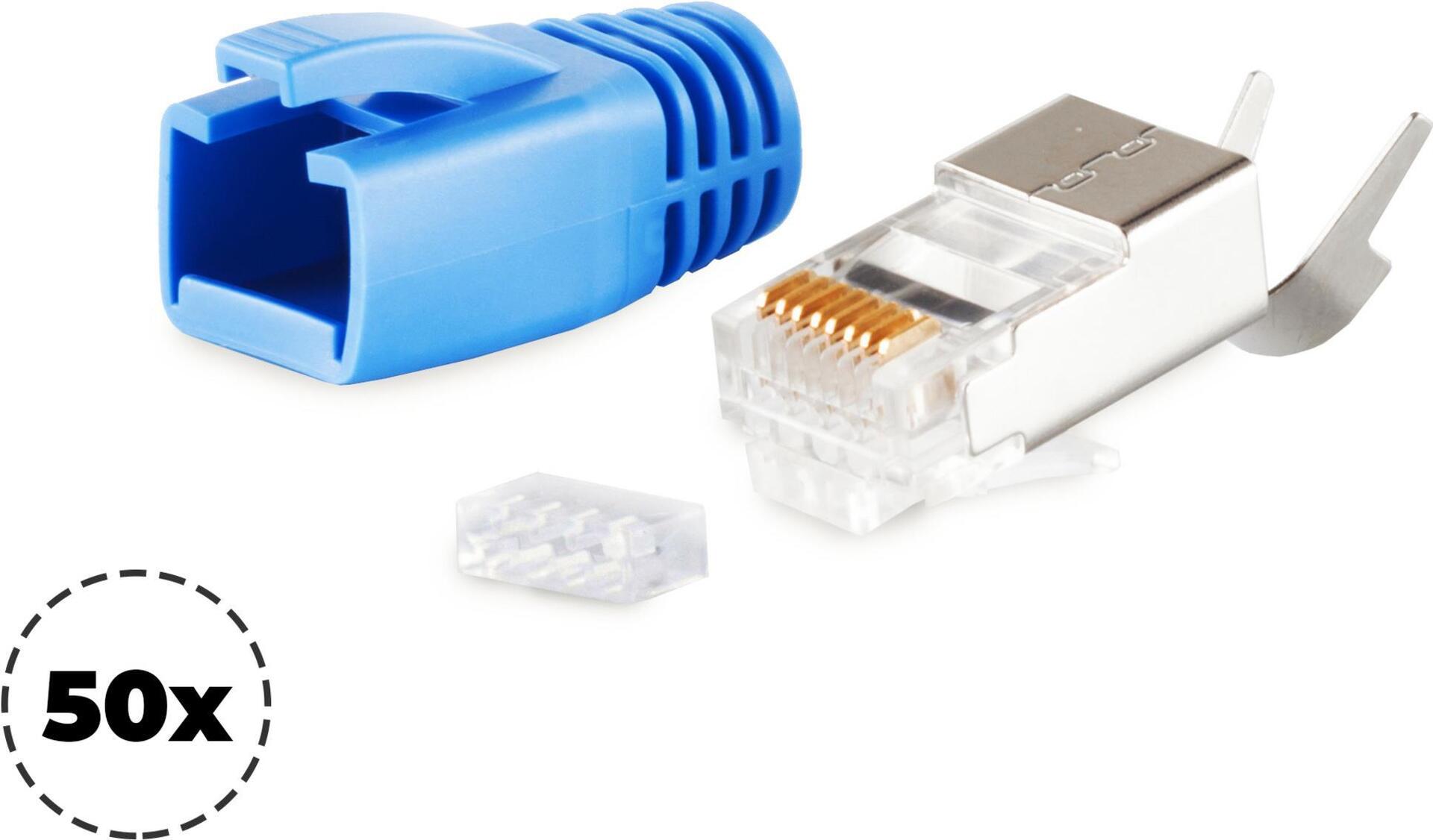 S/CONN maximum connectivity Netzwerk Modular Stecker RJ45 SET für Verlegekabel bis AWG 23, Stecker mit Zugentlastung, Einführhilfe und Tülle, blau VE 50 (72067-50B)