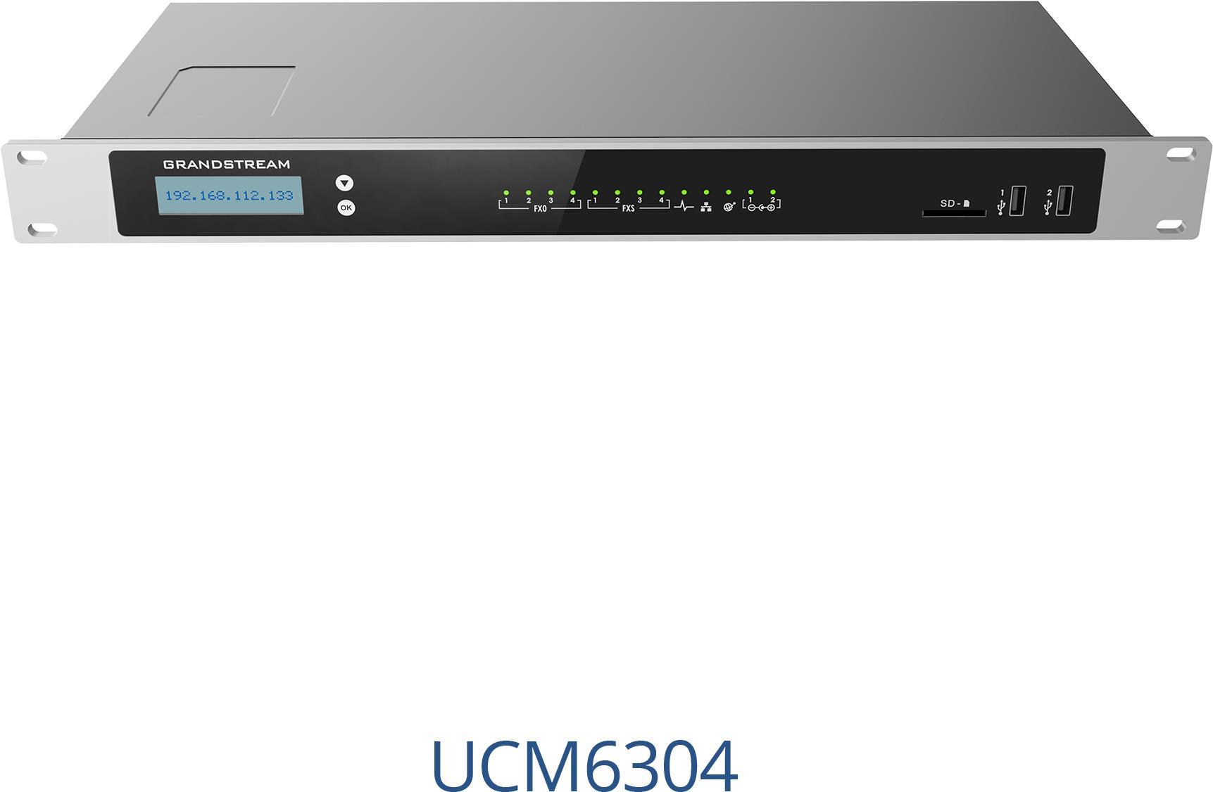 Grandstream Networks UCM6304. Produkttyp: IP Centrex (gehostete/virtuelle IP), Zahl der Benutzer: 2000 Benutzer. Schnittstellentyp Ethernet-LAN: Gigabit Ethernet. AC Eingangsspannung: 100 - 240 V, AC Eingangsfrequenz: 50/60 Hz, Netzteil Ausgangsspannung: 12 V. Breite: 187,2 mm, Tiefe: 485 mm, Höhe: 46,2 mm. Display-Typ: LCD (UCM 6304)