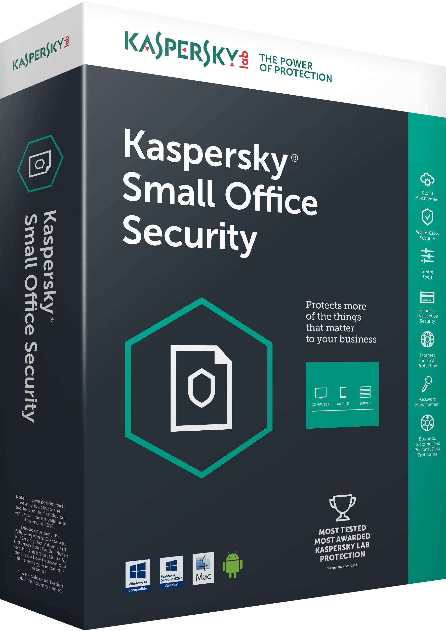 Kaspersky Small Office Security for Desktops, Mobiles and File Servers European Edition. 7-Mobile device; 7-Desktop; 1-FileServer; 7-User 1 year Renewal License Pack (KL4541XCGFR)