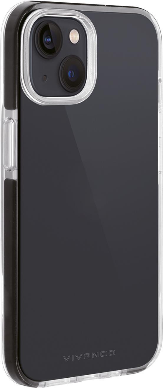Vivanco Rock Solid. Etui-Typ: Cover, Markenkompatibilität: Apple, Kompatibilität: iPhone 14, Maximale Bildschirmgröße: 15,5 cm (6.1" ), Oberflächenfärbung: Monochromatisch, Produktfarbe: Schwarz, Transparent (RSCVVIPH14T)