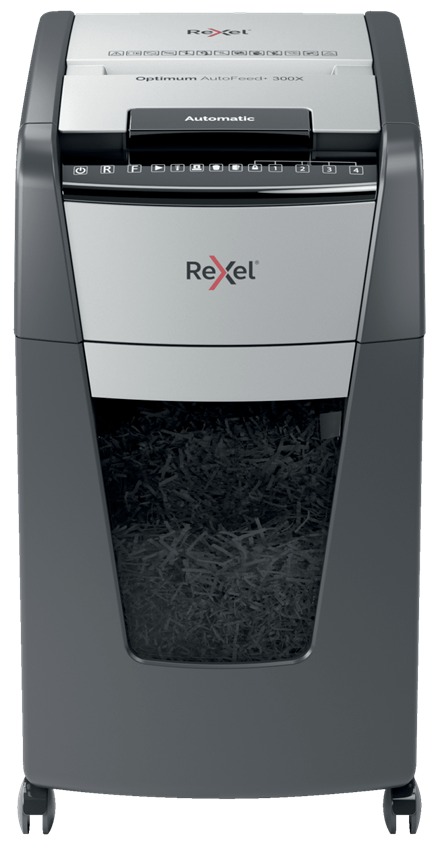 Rexel Optimum AutoFeed+ 300X Aktenvernichter 300 Blatt 4 x 25 mm Kreuzschnitt Schwarz, Grau