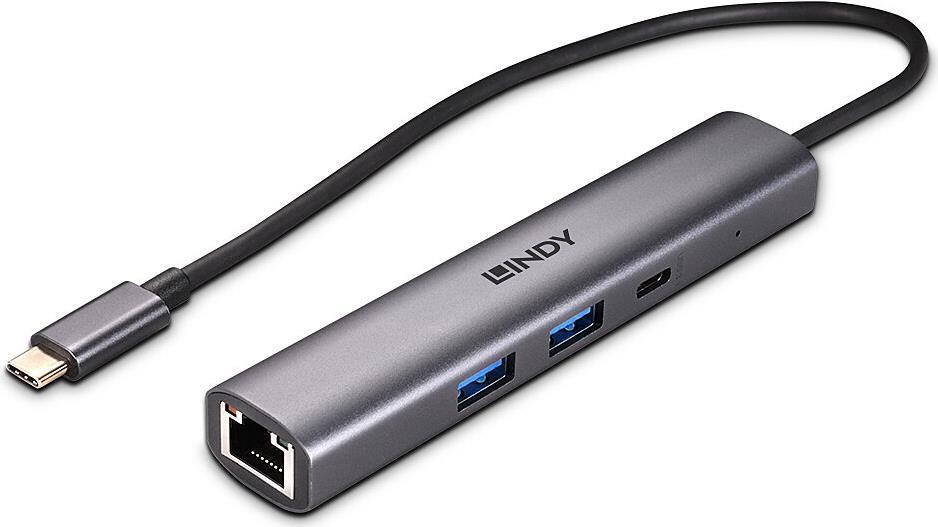 Lindy USB 3.2 Gen 2 Typ C Hub & Gigabit Ethernet Konverter 3 Port USB Typ A & Typ C Hub & Gigabit-Ethernet-Anbindung für Computer mit USB-Anschluss Typ C (43385)