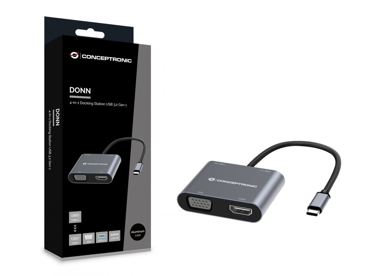 Conceptronic DONN16G USB-C Dockingstation HDMI VGA Power Delivery 100 W Grau
